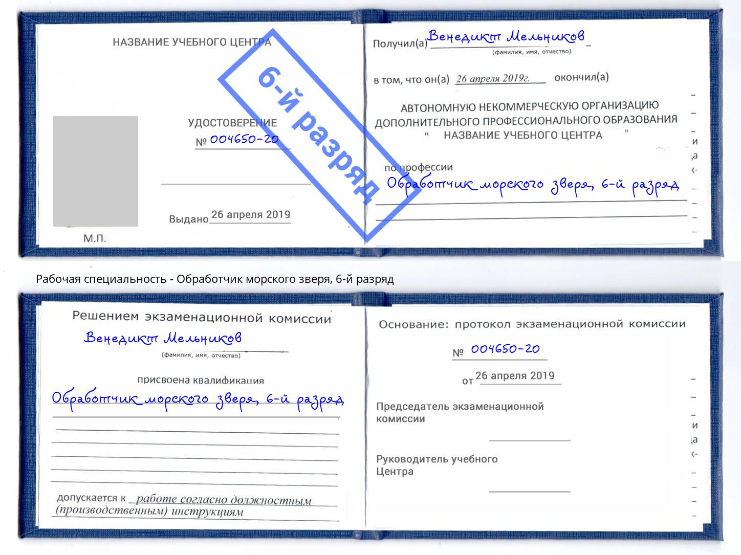 корочка 6-й разряд Обработчик морского зверя Кузнецк