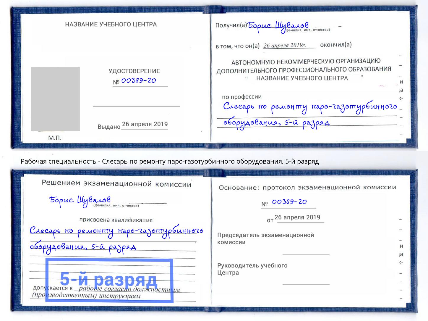 корочка 5-й разряд Слесарь по ремонту паро-газотурбинного оборудования Кузнецк