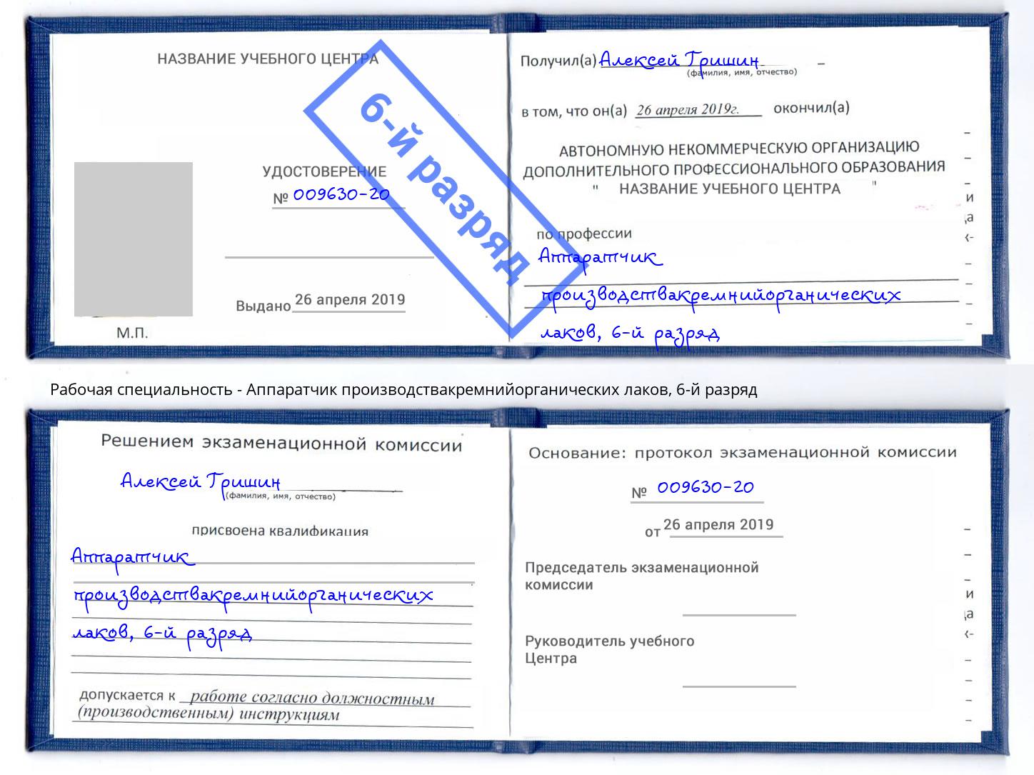 корочка 6-й разряд Аппаратчик производствакремнийорганических лаков Кузнецк