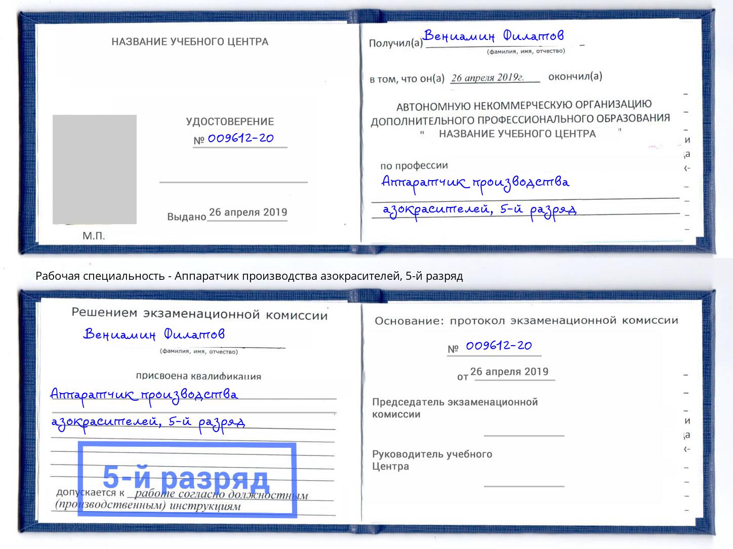 корочка 5-й разряд Аппаратчик производства азокрасителей Кузнецк