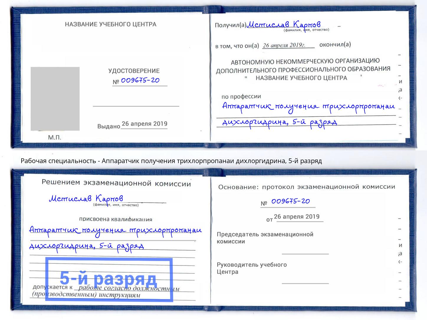 корочка 5-й разряд Аппаратчик получения трихлорпропанаи дихлоргидрина Кузнецк