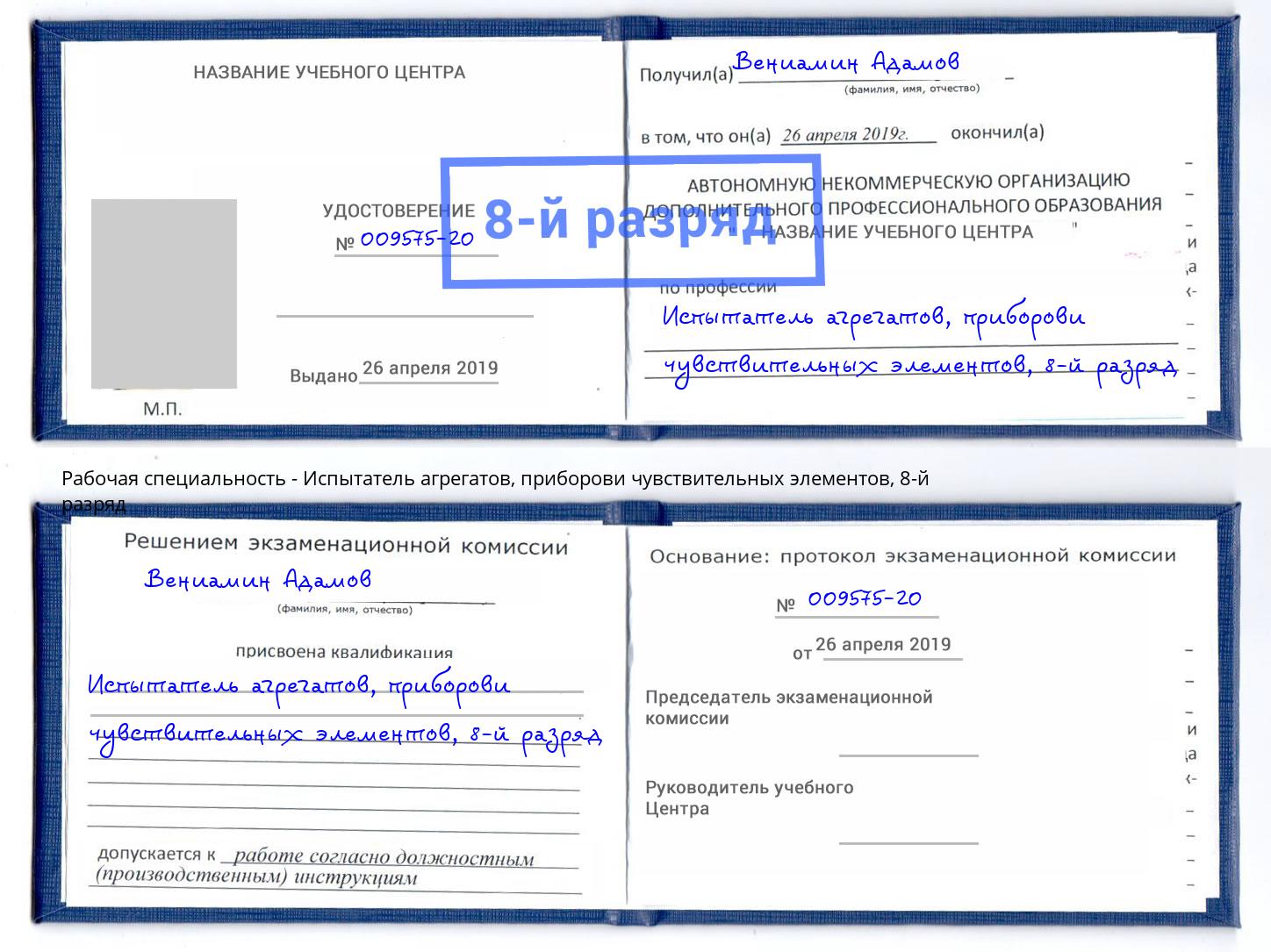 корочка 8-й разряд Испытатель агрегатов, приборови чувствительных элементов Кузнецк